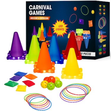 Rovox Carnival Outdoor Indoor Game for Kids Ages 4 5 6 7 8 9 10 11 12 and Up with LED Lights  30 PCS Ring Toss Bean Bags Plastic Cone Toss  Perfect for Birthday Parties  Night Play