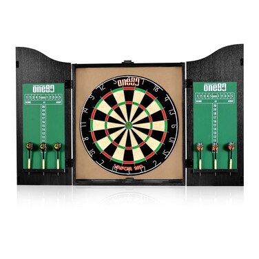 ONE80 AllinOne Dartgame Center with SelfHealing SisalDoublesided Dartboard  Multifunctional Cabinet 6 Steeltip Darts and Mounting Kit Included