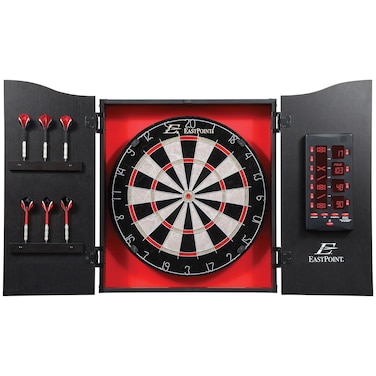 EastPoint Sports Tournament Bristle Dartboard and Easy Hang Cabinet with Electronic Scoreboard and 6 Steel Tip Darts