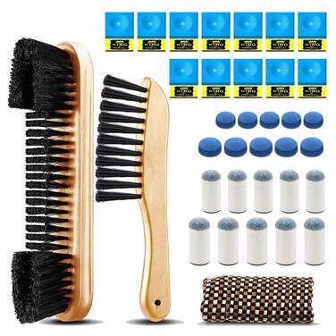 Volious 7 Set Pool Table Brush Set Including 2 Pool Table Brushes and 1 Cue Shaft Cloth 12 Pieces Pool Cue Chalk Cubes 20 Pool Table Accessories
