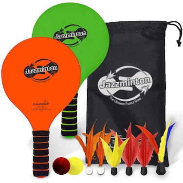 Funsparks Jazzminton Deluxe 3 in 1 Classic Beach Paddle Ball Game Set 6 Birdies  2 LED 2 Balls and A Reusable Bag for Kids Teens and Adults