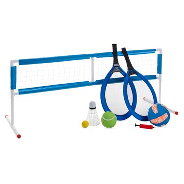 HearthSong 3in1 Kids Outdoor Active Game Set with Tennis Badminton and Volleyball 585 L x 40 W x 245 H Includes Standard Volleyball and Tennis Ball Oversized Birdie and Tennis Ball