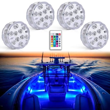 Seaponer Boat Lights Wireless Battery Operated Waterproof Marine Led Light for Deck Courtesy Interior Lights Fishing Kayak Duck Jon Bass Boat Accessories RGB Multi Color Remote Controlled 4pcs