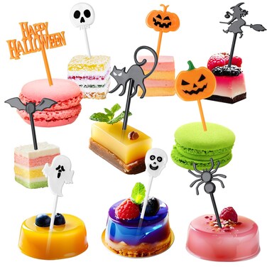 50 Plastic Halloween Toothpicks 10 Kind of Halloween Themed Cupcake Topper Food Picks  Pumpkin Ghost Skull Spider Bat Decorative Cake Fruit Cocktail Appetizer Pick for Kids Birthday Party Supplies