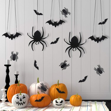Boao 46 Pieces Halloween Bat Spider Decorations Hanging Bats and Spiders Wall Decals Window Stickers Halloween Party Supplies
