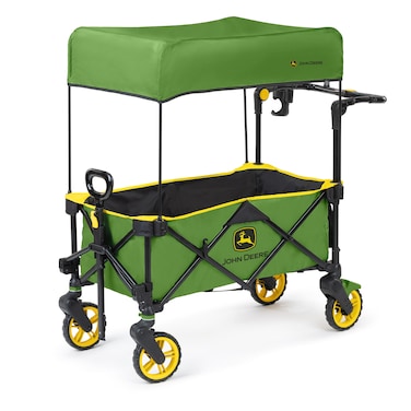 Bright Starts John Deere Pop N Ride Wagon Foldable with Sun Shade 50 SPF Protection Seats 2 Kids at Once Green  Yellow Unisex