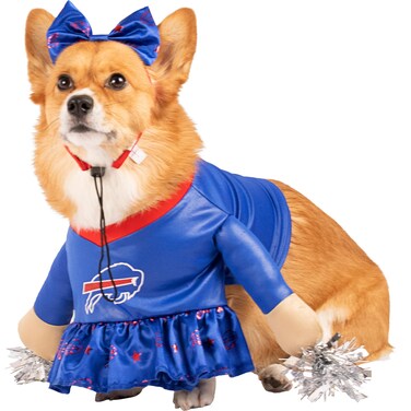 NFL Buffalo Bills Officially Licensed Cheer Dog Costume by MODERN HERO Includes Dress with Faux Stuffed arms and Tinsel pompoms and Satin Bow Headband Size XS
