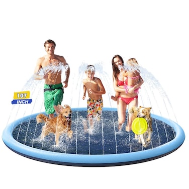PETOCAT 107inch Extra Large Dog Splash Pad NonSlip Pet Dogs Cool Sprinkler Pool Heavy Duty XXXL Splash Pads for Kiddie Baby Wading Pool Summer Outdoor Play Water Fun Toy Gift Easy to UseClean