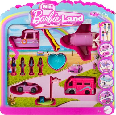 Barbie Mini BarbieLand JDB85 Set of 4 Doll and Toy Vehicle Set with 4 15 Barbie Dolls and 4 Iconic Toy Vehicles with Surprising Colour Changing