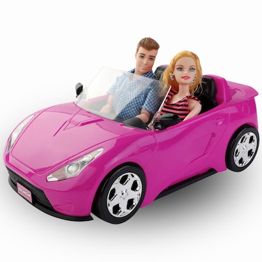 Liberty Imports DollSized Pink Car Convertible 2Seater Vehicle Doll Accessories with 2 Dolls Included  Seat Belts Rolling Wheels Compatible with Barbie