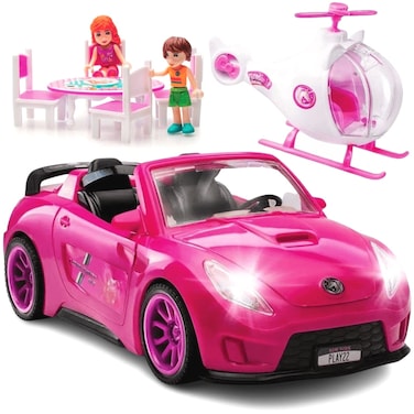 Play22 Pink Car Convertible 2Seater Vehicle Doll Accessories with Lights and Sounds 10 Pc  Car for Dolls Toy Car Includes Doll Helicopter 2 Figurines and Dining Table Set  Great Toddler Gift