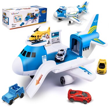 Airplane Toy with Car Toy Helicopter Set Take Apart Toy for Boy Toddler Kids Cargo Transport Airplane Easter Gift Treat Age 2 3 4 5 6 8 Years Old 5 Mini Vehicles Truck 1 Large Plane 1 Large Play Mat