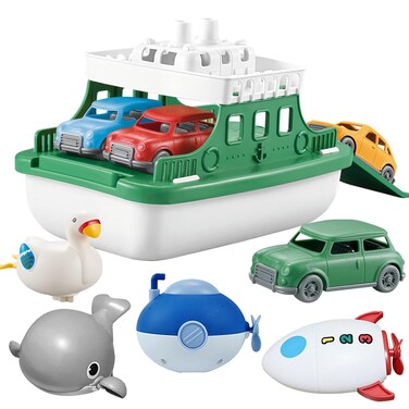 OKGIUGN Ferry Boat with 4 Car and 4 Wind Up Bath Swimming Toys Kids Bath Toy Floating Vehicle Whales Submarines Swans Rockets Bathtub Bathroom Pool Beach Toy Set for Toddlers Boys Girls