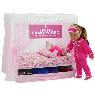 Emily Rose 18Inch Furniture  18 Doll Canopy Bed with Storage Drawer  5 PC Doll Bedding  Compatible with Most 1418 Dolls