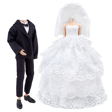 ETING Wedding Pack Beautiful Gown Bride Dress Clothes with Veil and Groom Formal Outfit Business Suit for Barbie Ken Dolls Gift