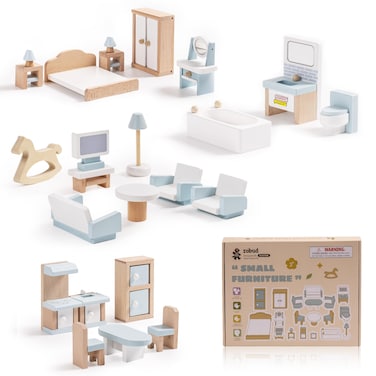 ROBUD Wooden Dollhouse Furniture Set 23 Pcs Dollhouse Accessories Miniature Furniture Including 5 Room Kits Dollhouse Furniture Pretend Play Toys for Boys Girls  Toddlers 3