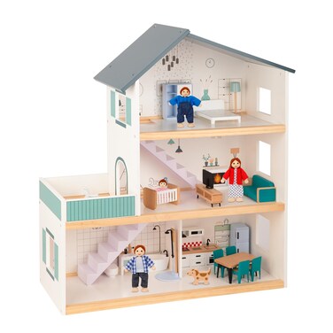 OOOK Wooden Dollhouse for Kids Doll House with Simulated Luxury Furniture Set Dollhouse Playset Gifts for Girls Toddlers Including 4 Family Dolls and a Dog