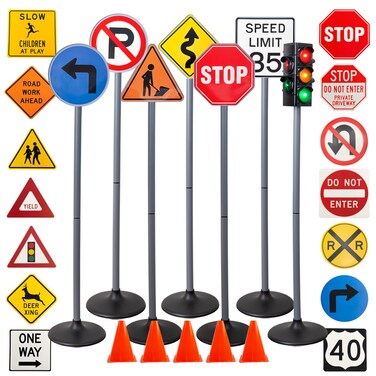 Attatoy Large Traffic Signs Playset 32pc Set 42in Tall Street Sign and Traffic Light Set for Play with RideOn Cars and Vehicles