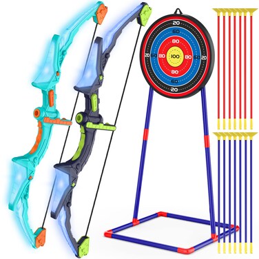 Kmuxilal 2023 2 Pack Kids Bow and Arrow Set with LED Flash Lights 14 Suction Cup Arrows and Fluorescence Standing TargetPerfect Indoor and Outdoor Archery Set Toy Gift for Boys and Girls Ages 412