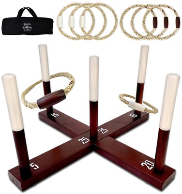 SWOOC Games  Rustic Ring Toss Outdoor Game All Weather  15 Games Included  Vintage Wood  Rope Ring Toss Yard Game with Wide Grip Handles and Carrying Case  Yard Toss Game for Kids  Family