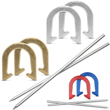 GoSports Steel Horseshoes Outdoor Game Set  Official Size and Weight  Gold  Silver or Red  Blue