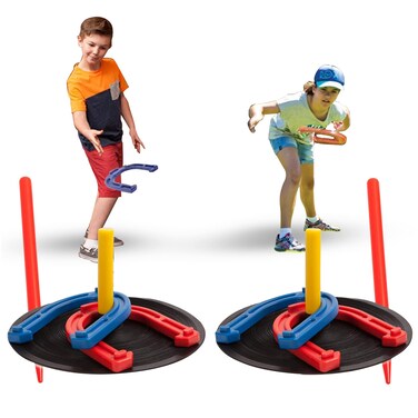 Yonar Sports Outdoor Indoor Rubber Horseshoes Set  Includes 4 Horseshoes 2 Pegs 2 Rubber Mats 2 Red Plastic dowels 1 Mesh Bag  Perfect for Beach Parks Picnics Backyard Fun for Kids Adults