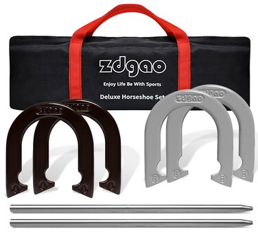 YDDS Horseshoes Outside Game SetPortable Outdoor Horseshoe Set Includes 4 Professional Solid Steel Horseshoes with Solid Steel Stakes  Carrying Bag Perfect for Backyard and Beach