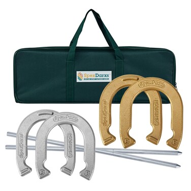 SPEXDARXS Horseshoes Set Lawn Horseshoes Outside Game Set for Kids Adults Families  Includes 4 Horseshoes 2 Stakes and Carrying Case