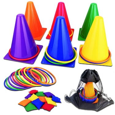 unanscre 31PCS 3 in 1 Carnival Outdoor Games Combo Set for Kids Soft Plastic Cones Bean Bags Ring Toss Game Gift for Birthday PartyXmas