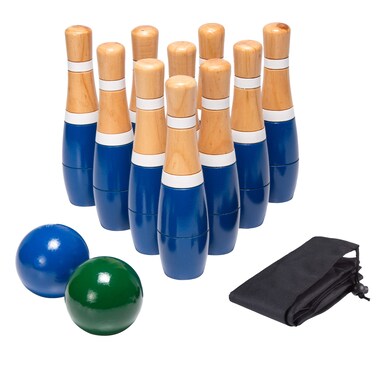 Hey Play Backyard Lawn Bowling Game  Indoor and Outdoor Family Fun for Kids and Adults  10 Wooden Pins 2 Balls and Mesh Carrying Bag by 8Inch