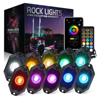 Xprite RGBW LED Rock Lights Kit with Bluetooth  Wireless Remote Controller Multicolor Cars Underglow Wheel Footwell Neon Light Kits for OffRoad UTV ATV Trucks SUV Motorcycle Boats  10 Pods