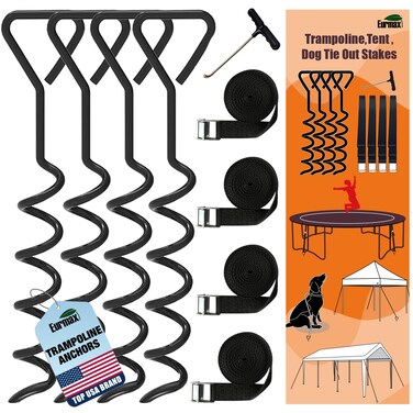 Eurmax USA Trampoline Stakes Heavy Duty Trampoline Mats Corkscrew Shape Steel Stakes Anchor Kit with T Hook for Trampolines