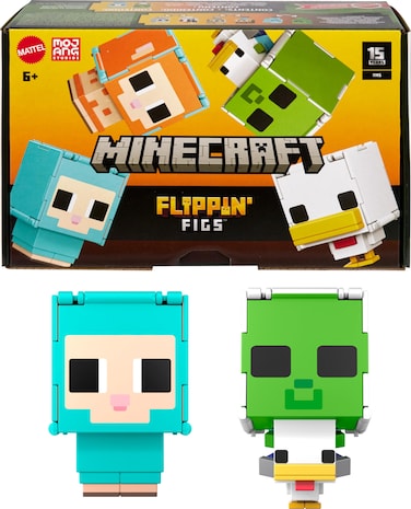 Mattel Minecraft Flippin Figs Sheep  Chicken Figures 2Pack with 2in1 Fidget Play Large Heads  Pixelated Design