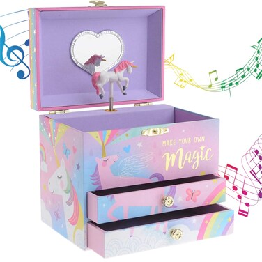 Jewelkeeper Musical Jewelry Box with 2 Pullout Drawers Glitter Rainbow and Stars Unicorn Design Beautiful Dreamer Tune