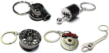 Five Piece Auto Parts Keychains  Turbo Six Speed Manual Gearbox Stick Shift Wheel Red Brake Rotor Mini Wrench
