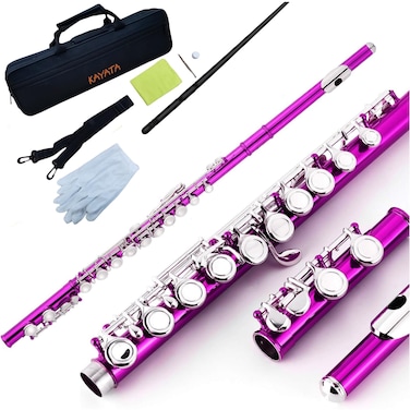 KAYATA C Flute  Closed Hole Flute 16 Keys FluteOffset G Split E Mechanism Deluxe Lightweight Canvas CaseShoulder StrapCleaning Cloth Joint Grease and Gloves pink