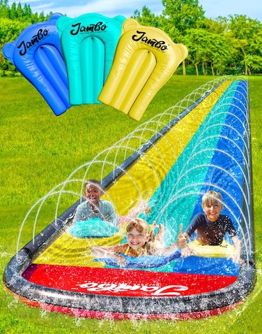 JAMBO 20Ft XL Premium 3 Lane Slip Splash and Slide with 3 Bodyboards Heavy Duty Water Slide Advanced 3Way Water Sprinkler System Backyard Waterslide Outdoor Water Toys n Slides for Kids Splash Pad