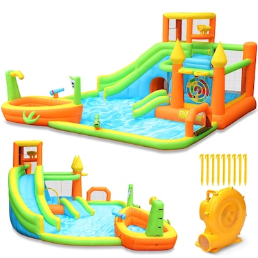 JOISTOON Inflatable Water Slide Park Large Water Bouncer Castle Fun Bouncy House with Large Pool Dual Slides Climbing Wall Basketball Soccer Archery Toss Game Easy to Set Up with Air Blower