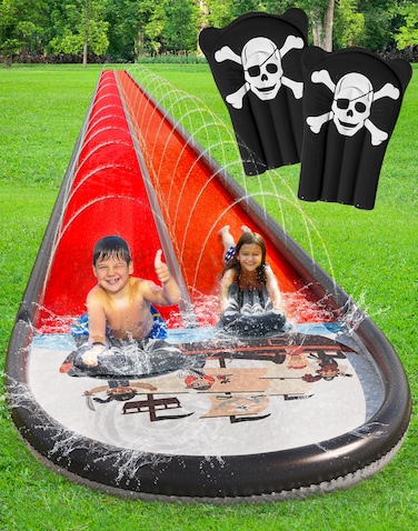 JAMBO 22Ft Water Slide and 2 Bodyboards Extra Long Slip Splash and Slide Heavy Duty Pirate Water Slide with Inflatable Bumpers Splash Mat Water Sprinkler Outdoor Water Toys Summer Toy