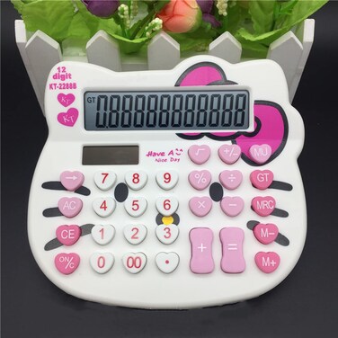Xinyu Lighting Hello Kitty Calculator Creative Cute Solar Calculator12bit Large LCD Screen Suitable for Adults and ChildrenSolar and Battery Powered White