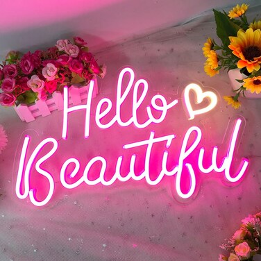 BDUN Hello Beautiful Neon Sign for Wall Decor Girls Room Romantic Neon Lights for Home Party Bar Hello Beautiful USB Powered Neon Signs for Wall Art Studio by Pink