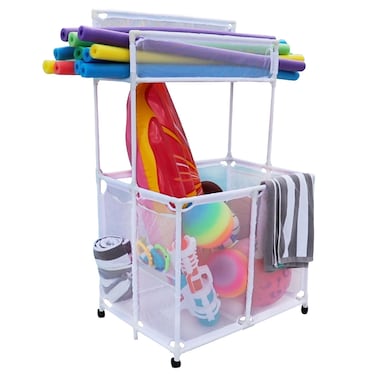 Essentially Yours Pool Storage Equipment Organizer Holder  Noodles Toys Balls and Floats Mesh Rolling Double Decker Bin 37 L x 24 W x 55 H XXL White Style 561935