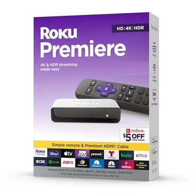 Roku 3920RWSW Premiere  4KHDR Streaming Media Player WiFi Enabled with Premium High Speed HDMI Cable and Simple Remote
