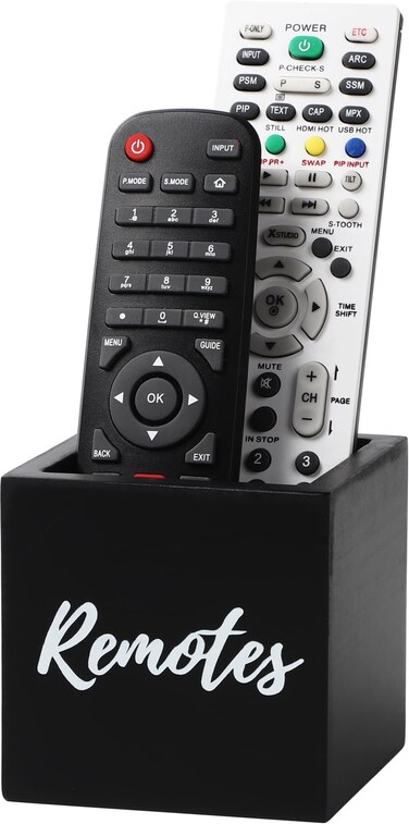 COOLEX Remote Control Holder Wooden Tv Remote Holder Remote Holder for Table Remote Control Storage Organizer Caddy for 2 or 3 Remote Controls 35 x35x35  Black