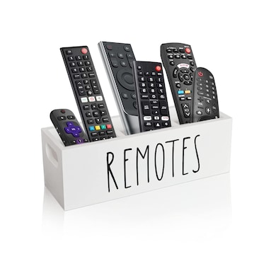 CHONIC Remote Control Holder Farmhouse Remote Storage Caddy Bedside TV Controller Box Rustic Wood Media Organizer Tray for Home Bedroom Table White