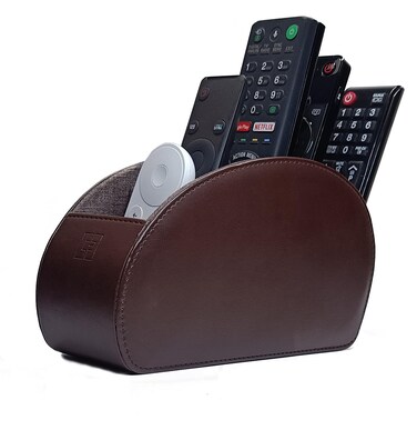 Connected Essentials Remote Control Holder with 5 Pockets TV Remote Control Tidy and Organiser Brown PU Leather Living Room and Bedroom Storage Caddy Box CEG10