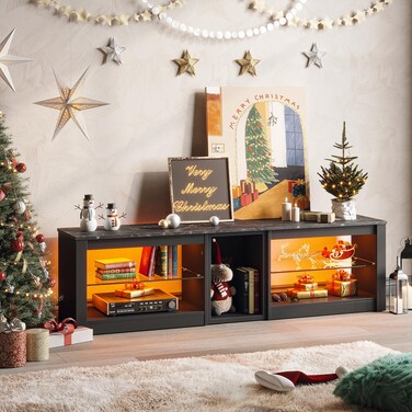 Bestier TV Stand for 70 inch TV Gaming Entertainment Center for PS5 LED TV Cabinet with Glass Shelves for Living Room 63 Inch Black Marble