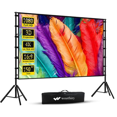 wootfairy Projector Screen with Stand 150 inch Portable and Foldable Projection Screen 4K HD 169 Rear Front WrinkleFree Movie Screen with Carry Bag for Indoor Outdoor Home Theater Backyard Cinema