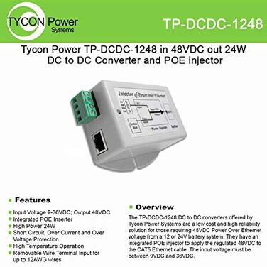 Tycon Systems TPDCDC1248 48V POE Out 24W DC to DC Converter and POE Inserter