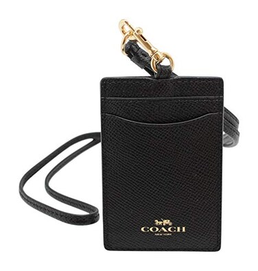 Coach ID Lanyard Badge Holder In Crossgrain Leather BlackGold One Size